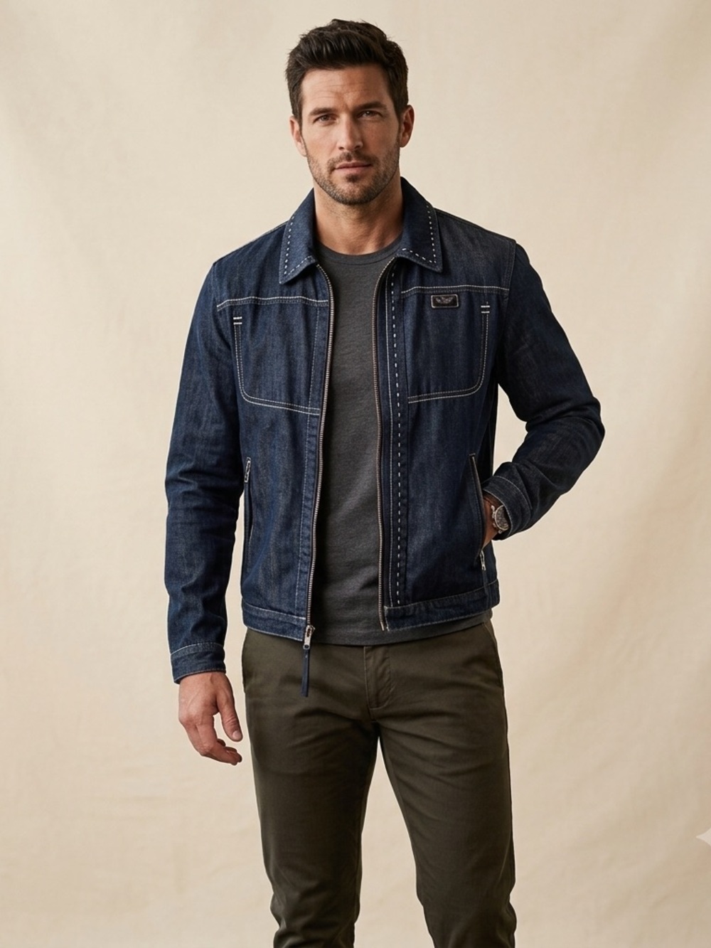 Emporio Armani Vintage Y2K Biker Edgy Moto Denim Jacket Leather Detailing Sz S